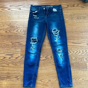 Vanilla Star dark wash distressed jeans, size 9, mid rise skinny jeans